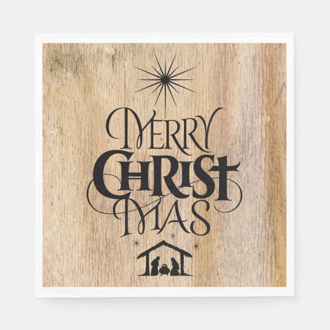 Merry Christmas Religious Calligraphy Rustic Wood Napkin (Front)
