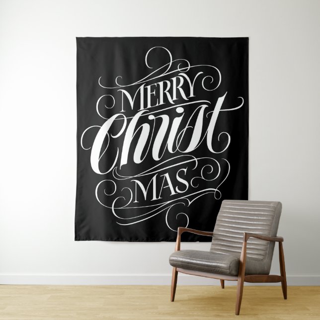 Merry CHRISTmas Religious Calligraphy Script Black Tapestry (In Situ)