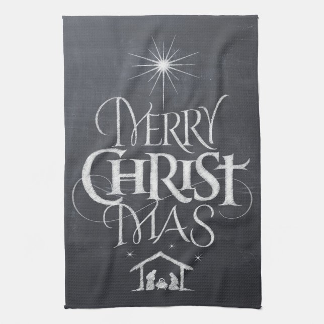 Merry CHRISTmas Religious Chalkboard Calligraphy Tea Towel (Vertical)