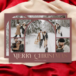 Merry Christmas Retro Arch Photo Collage Foil Holiday Card