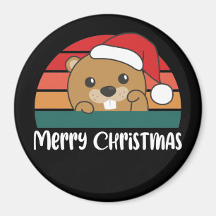 Merry Christmas Retro Beaver Christmas Magnet