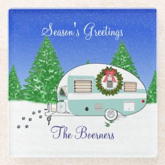 Merry Christmas Retro Camper Trailer Glass Coaster