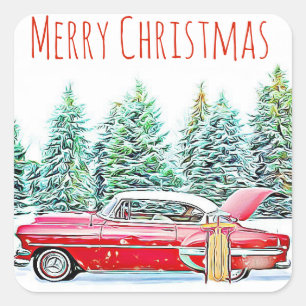 Merry Christmas Retro Car and Sled Wintery Square Sticker