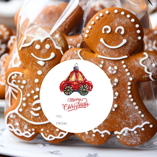 Merry Christmas Retro Car Ornament Gift Name  Classic Round Sticker (Creator Uploaded)