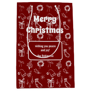 Merry Christmas Retro Doodles Burgundy Medium Gift Bag