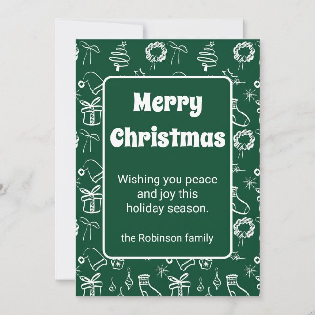 Merry Christmas Retro Doodles Dark Green Holiday Card (Front)