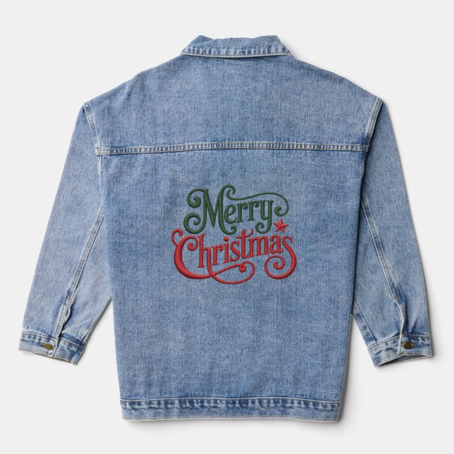 Merry Christmas Retro Embroidery Typography Denim Jacket (Back)