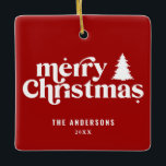 Merry Christmas retro font photo holiday Ceramic Ornament<br><div class="desc">Merry Christmas retro font photo holiday design. With modern hand drawn text and trees.</div>