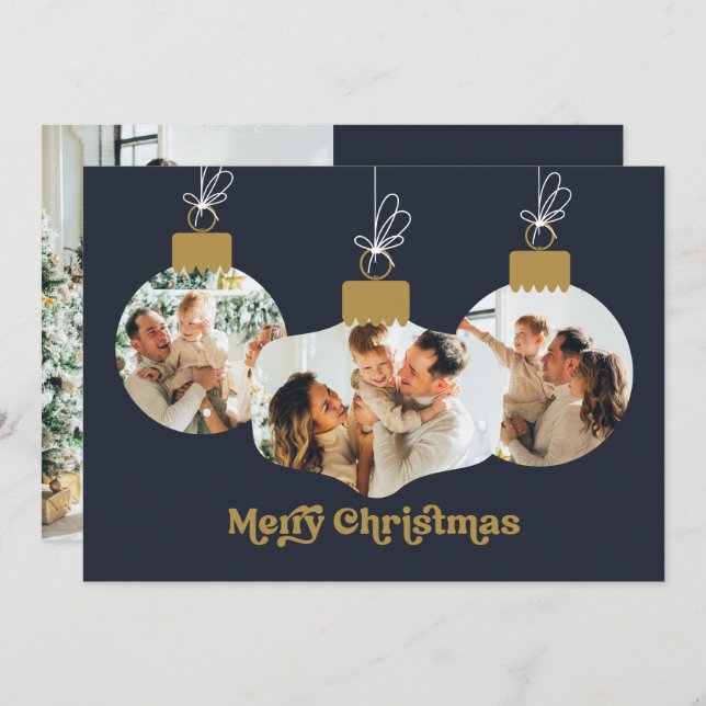 Merry Christmas Retro Font Photo Ornaments Holiday Card (Front/Back)