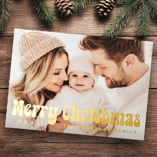 Merry Christmas retro font pine green photo Foil Holiday Card