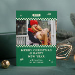 Merry Christmas Retro Green Photo Personalised<br><div class="desc">Merry Christmas Retro Green Photo Personalised Family Name Modern Christmas Cards features a your favourite photo with your the text "Merry Christmas & Happy New Year" in modern script typography. Perfect for Christmas to send to friends and family. PHOTO TIP: centre your photos before uploading to Zazzle. Designed by ©2024...</div>