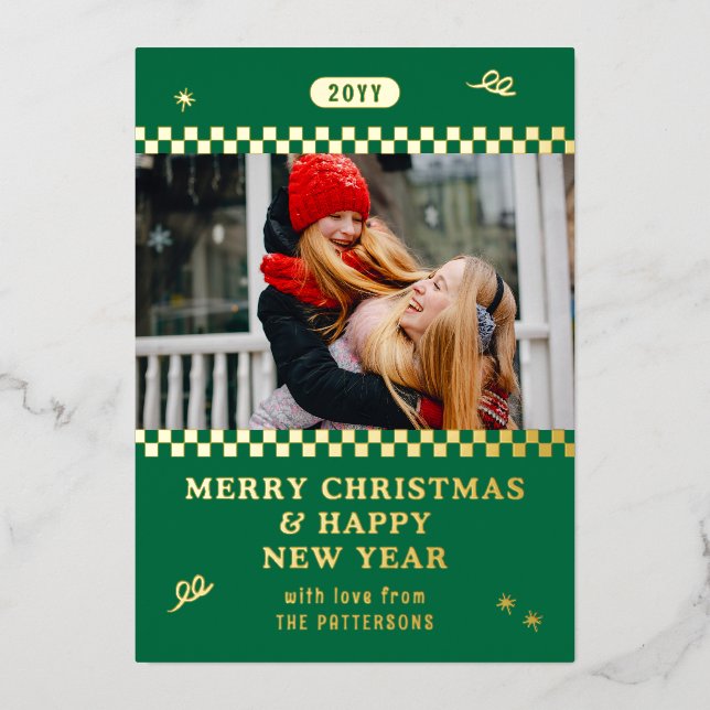 Merry Christmas Retro Green Photo Personalised Foil Holiday Card (Front)