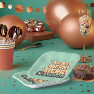 Merry Christmas retro groovy 3d design text Paper Plate