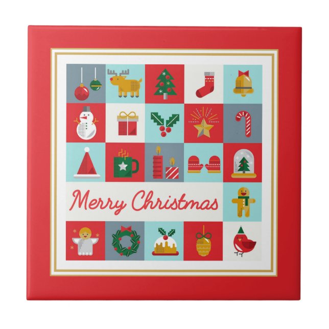 Merry Christmas Retro Icon Grid with Red Frame Tile (Front)