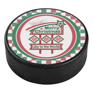 Merry Christmas Retro Marquee – Joy to the World Hockey Puck