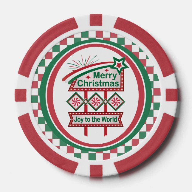 Merry Christmas Retro Marquee – Joy to the World Poker Chips (Front)