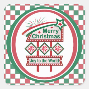 Merry Christmas Retro Marquee – Joy to the World Square Sticker