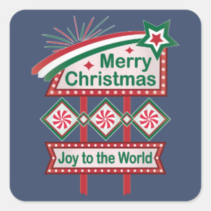 Merry Christmas Retro Marquee – Joy to the World Square Sticker