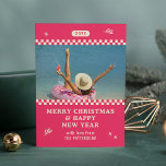 Merry Christmas Retro Pink Photo Personalised<br><div class="desc">Merry Christmas Retro Pink Photo Personalised Family Name Modern Christmas Cards features a your favourite photo with your the text "Merry Christmas & Happy New Year" in modern script typography. Perfect for Christmas to send to friends and family. PHOTO TIP: centre your photos before uploading to Zazzle. Designed by ©2024...</div>