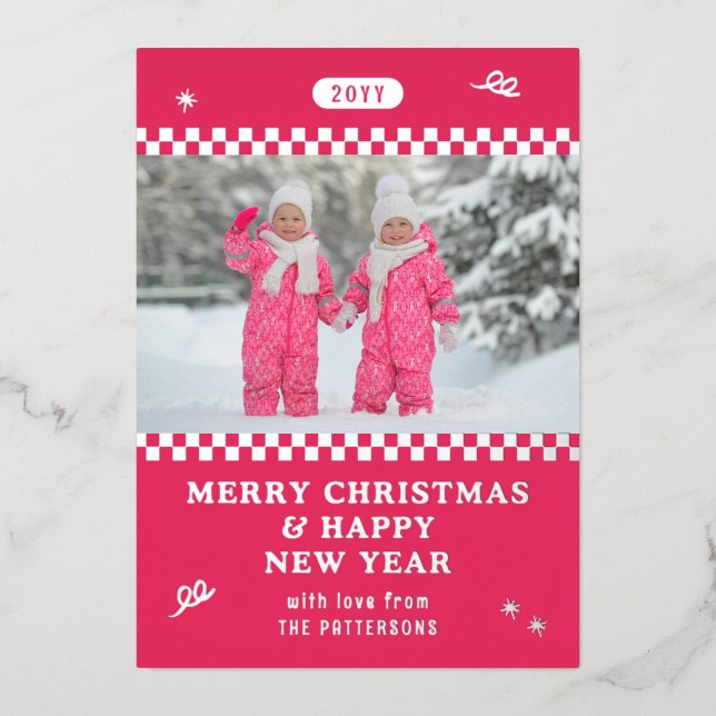 Merry Christmas Retro Pink Photo Personalised Foil Holiday Card (Front)