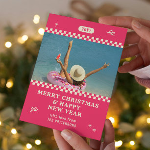 Merry Christmas Retro Pink Photo Personalised Holiday Card