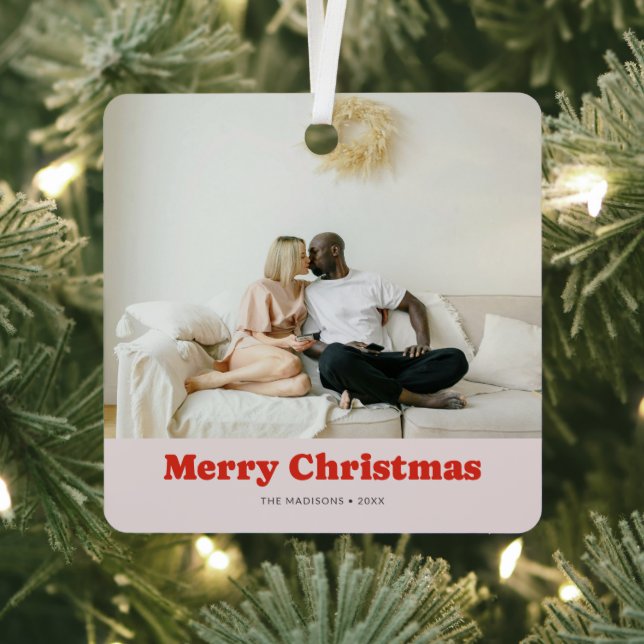 Merry Christmas Retro Playful Serif Photo Metal Tree Decoration (Insitu)
