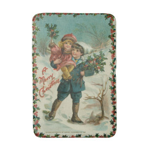 Merry Christmas - retro postcard, children, holly Bath Mat