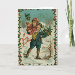 Merry Christmas - retro postcard, children, holly Card