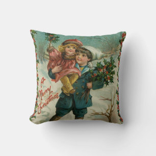 Merry Christmas - retro postcard, children, holly Cushion