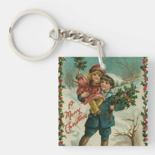 Merry Christmas - retro postcard, children, holly Key Ring