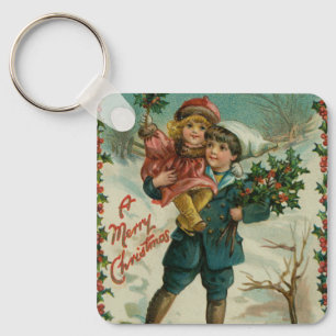 Merry Christmas - retro postcard, children, holly Key Ring