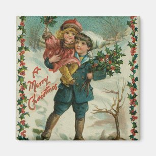 Merry Christmas - retro postcard, children, holly Magnet