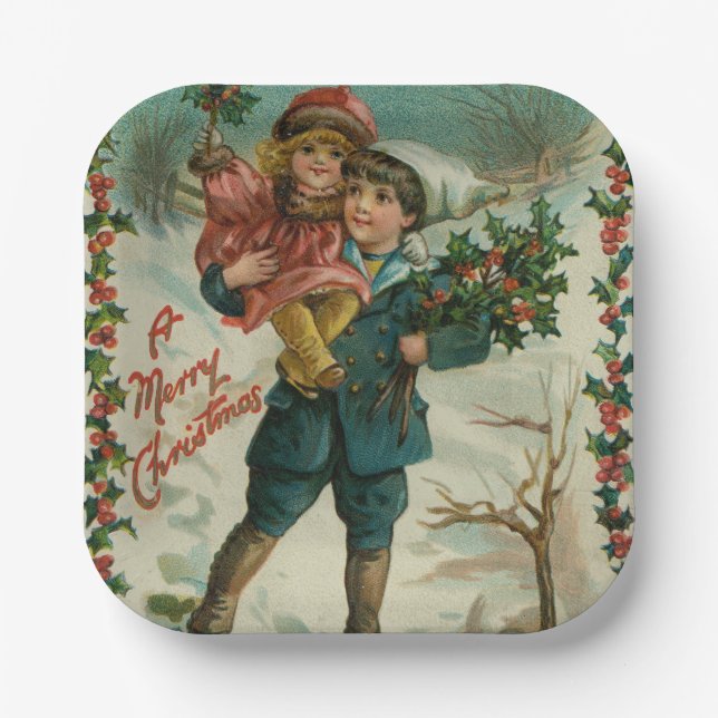 Merry Christmas - retro postcard, children, holly Paper Plate (Front)