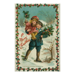 Merry Christmas - retro postcard, children, holly Photo Print