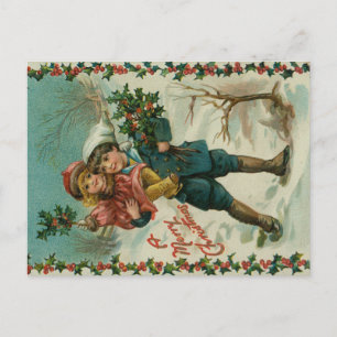 Merry Christmas - retro postcard, children, holly Postcard
