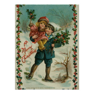 Merry Christmas - retro postcard, children, holly Poster