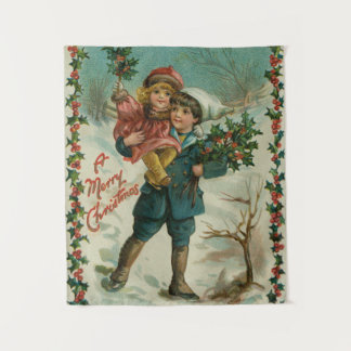Merry Christmas - retro postcard, children, holly Tapestry
