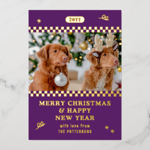 Merry Christmas Retro Purple Photo Personalised Foil Holiday Card