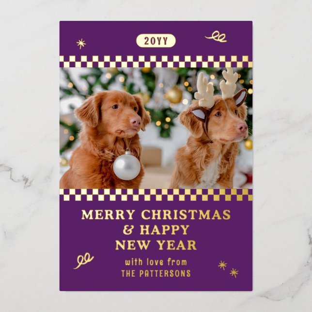 Merry Christmas Retro Purple Photo Personalised Foil Holiday Card (Front)