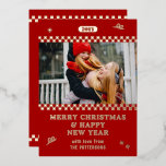 Merry Christmas Retro Red Photo Personalised Foil Holiday Card<br><div class="desc">Merry Christmas Retro Red Photo Personalised Family Name Modern Foil Christmas Cards Holiday Cards features a your favourite photo with your the text "Merry Christmas & Happy New Year" in modern foil script typography. Perfect for Christmas to send to friends and family. Designed by ©2024 Evco Studio www.zazzle.com/store/evcostudio</div>