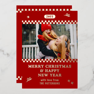 Merry Christmas Retro Red Photo Personalised Foil Holiday Card