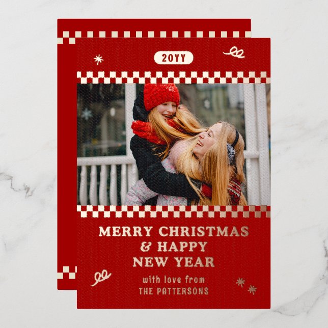 Merry Christmas Retro Red Photo Personalised Foil Holiday Card (Front/Back)