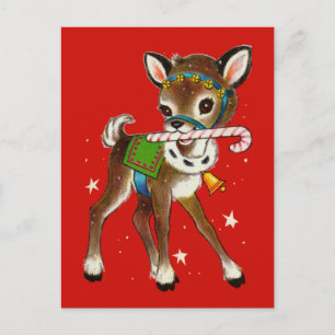 Merry Christmas   Retro Reindeer Candy Cane Postcard