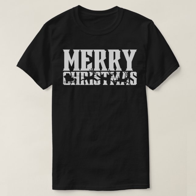Merry Christmas Retro Santas Sleigh & Flying Reind T-Shirt (Design Front)