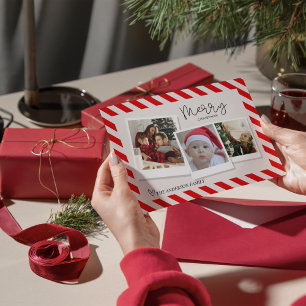 Merry Christmas Retro Script 3 Photo Candy Cane Foil Holiday Card