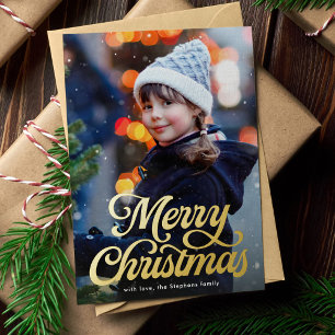 Merry Christmas retro script classic photo Foil Holiday Card