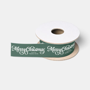 Merry Christmas retro script green white holiday Satin Ribbon