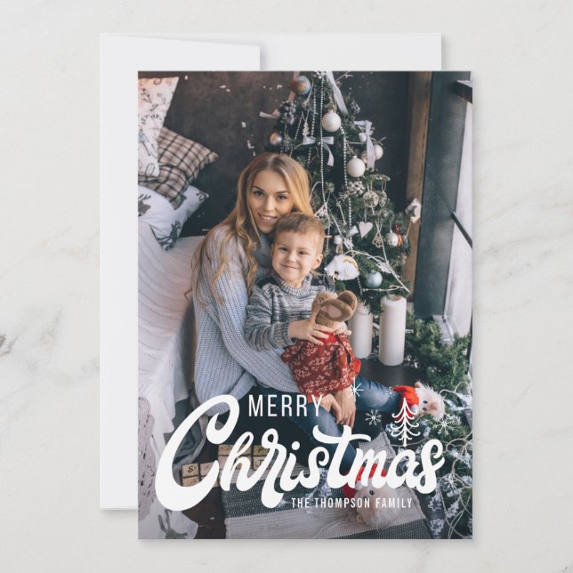 Merry Christmas Retro Script Typography Photo Holiday Card (Front)