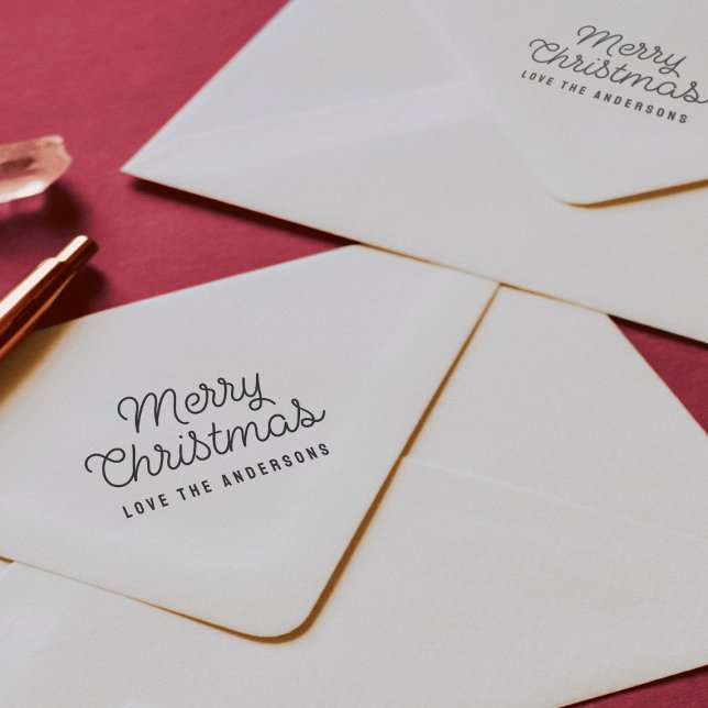 Merry Christmas Retro Script Typography Rubber Stamp (Merry Christmas script retro type with family name rubber address stamp)