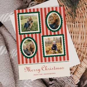 Merry Christmas Retro Striped 4 Photo Holiday Card